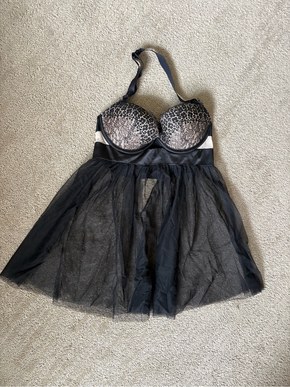Victoria's Secret Black Lace over Nude Push-Up Babydoll Chemise